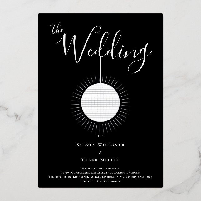 Invitation En Aluminium Boule de Disco Mariage Noir Argent (Recto)
