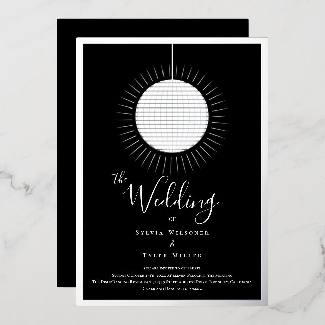 Invitation En Aluminium Boule de Disco Mariage Noir Argent (Recto/Verso)