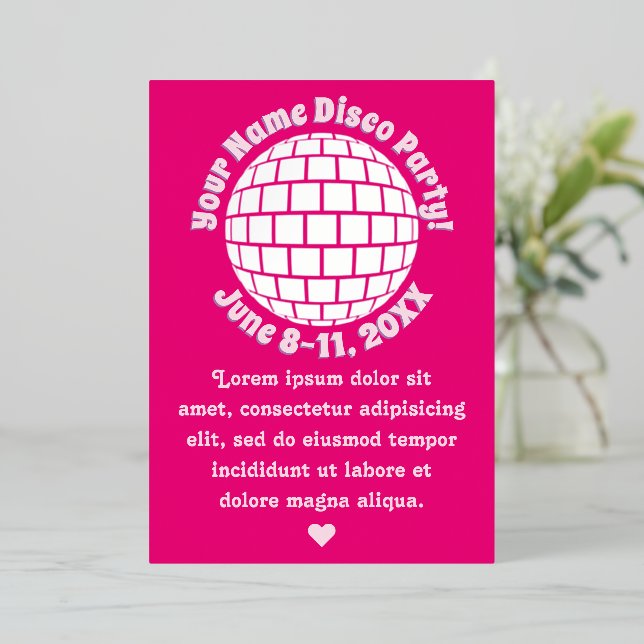 Invitation En Aluminium Boule de disco Rose Rétro PERSONNALISÉE Argent (Debout devant)