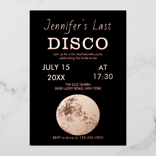 Invitation En Aluminium Boule de disco scintillante en or rose, dernière d (Recto)