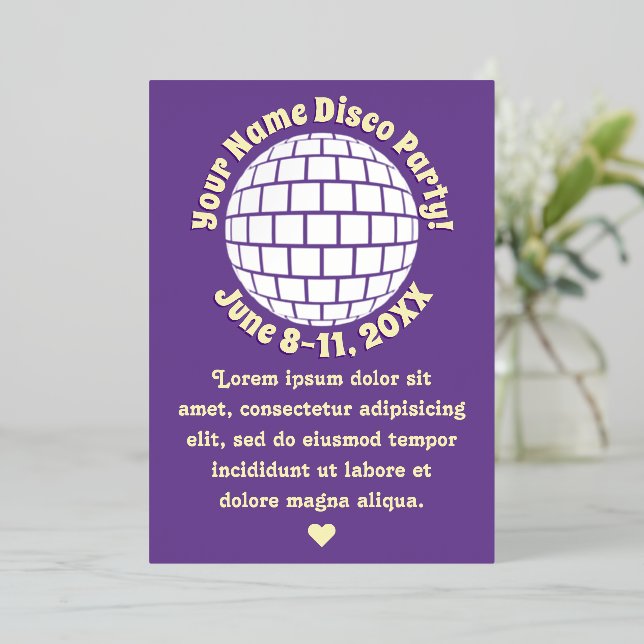 Invitation En Aluminium Boule de disco Violet Rétro PERSONALISÉE Argent (Debout devant)