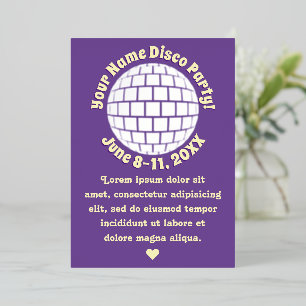 Invitation En Aluminium Boule Disco violet rétro PERSONNALISÉE Argent