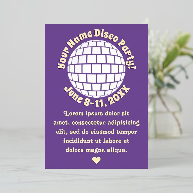 Invitation En Aluminium Boule Disco violet rétro PERSONNALISÉE Argent (Debout devant)