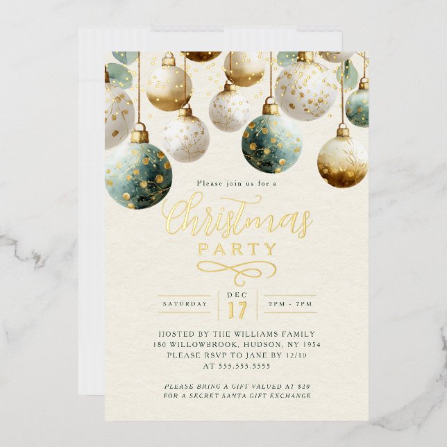 Invitation En Aluminium Boules de Noël vert doré scintillant  (Enveloppe)