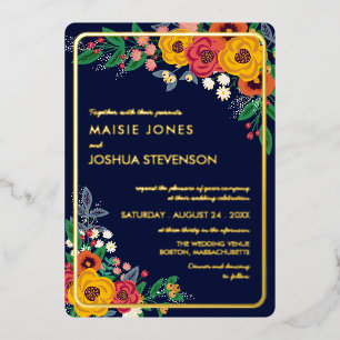 Invitation En Aluminium Bouquet Bohème Navy Fleurs Jaune Doré Or