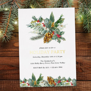 Invitation En Aluminium Bouquet de fête de Noël houx et pomme de pin Or