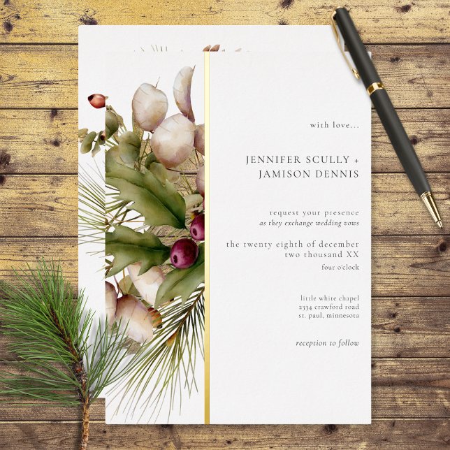 Invitation En Aluminium Bouquet de mariage hivernal au pin rustique (Also available with a deep red line instead of gold foil.)