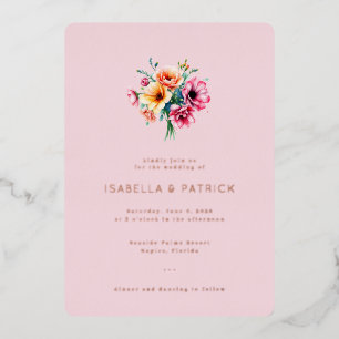 Invitation En Aluminium Bouquet Floral Aquarelle Rose Romantique