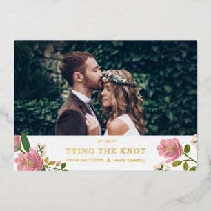 Invitation En Aluminium Bouquet floral rose vif et or Enregistrer la date
