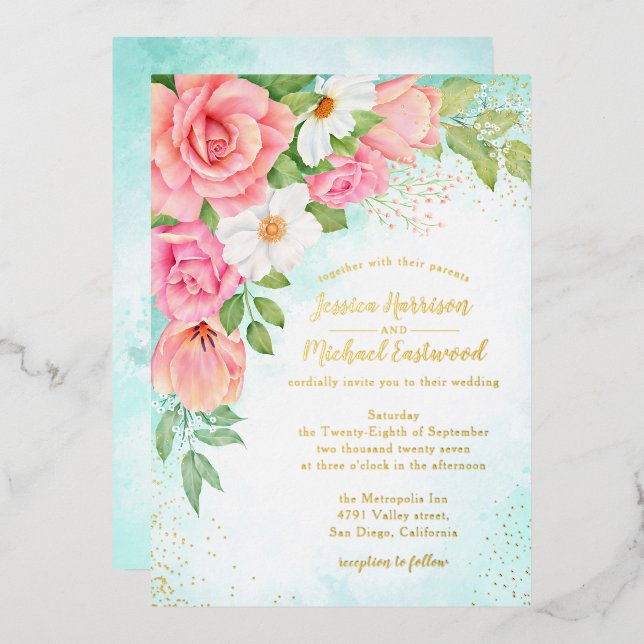Invitation En Aluminium Bouquet rose rose or Turquoise Mariage floral (Recto/Verso)