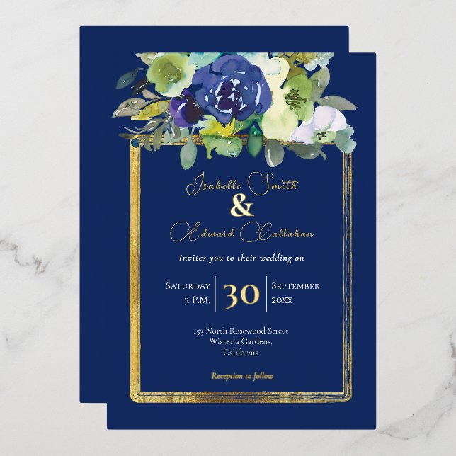 Invitation En Aluminium Bouquets Floraux de Roses à l'Aquarelle Blanche et (Recto/Verso)