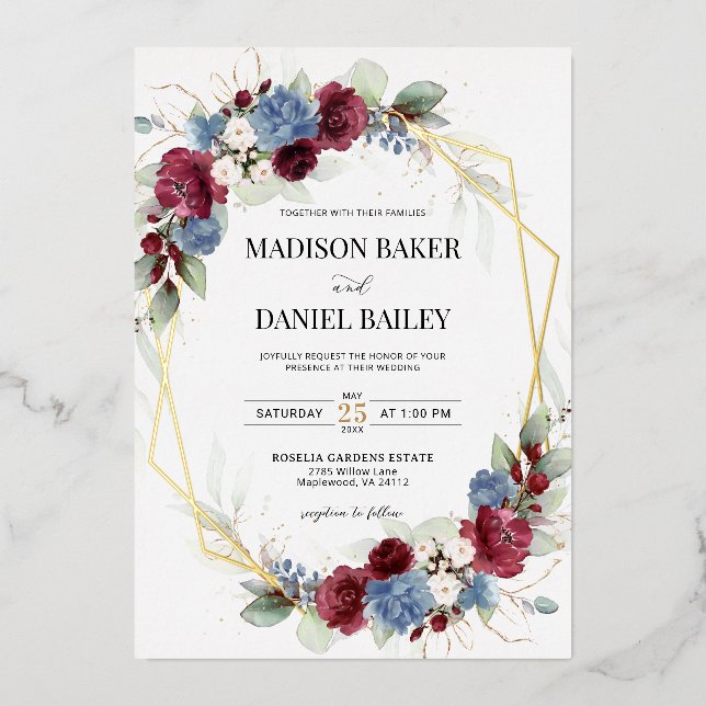 Invitation En Aluminium Bourgogne Bleu Poussiéreux Floral Géométrique (Recto)