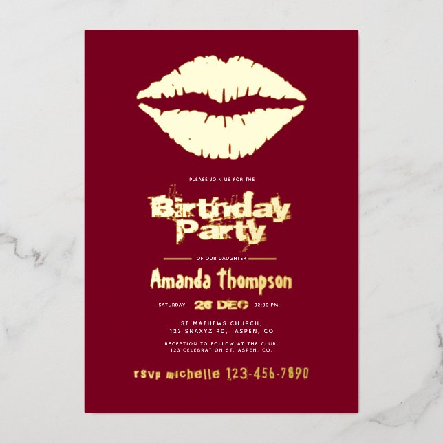 Invitation En Aluminium Bourgogne et Gold Birthday Kiss Lips (Recto)