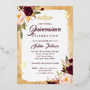 Invitation En Aluminium Bourgogne Floral Tiara Gold Quinceanera 15e