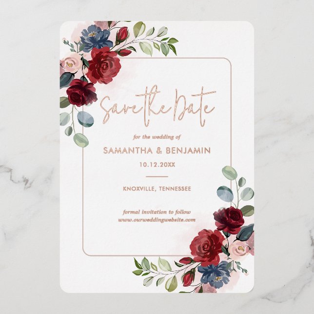 Invitation En Aluminium Bourgogne Floral Végétal Date à Sauvegarder Rose G (Recto)