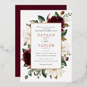 Invitation En Aluminium Bourgogne Florale Blanc Cadre Élégant Rose Doré