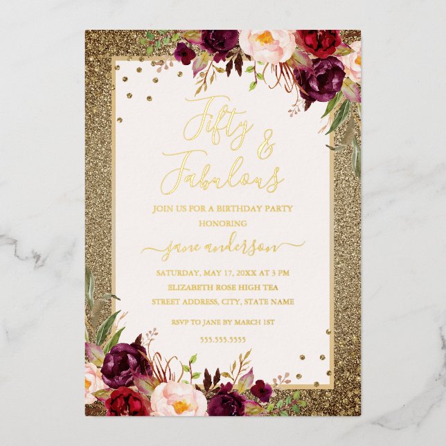 Invitation En Aluminium Bourgogne Gold Floral 50 & Fabuleux anniversaire (Recto)