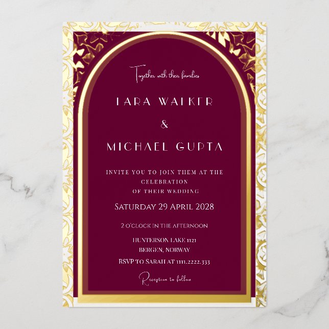 Invitation En Aluminium Bourgogne + Mariage Blanc (Rétro-Pointillé) (Recto)