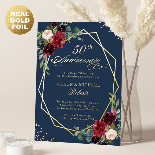 Invitation En Aluminium Bourgogne Marine Fleurs Géométrique Mariage Annive (Créateur téléchargé)