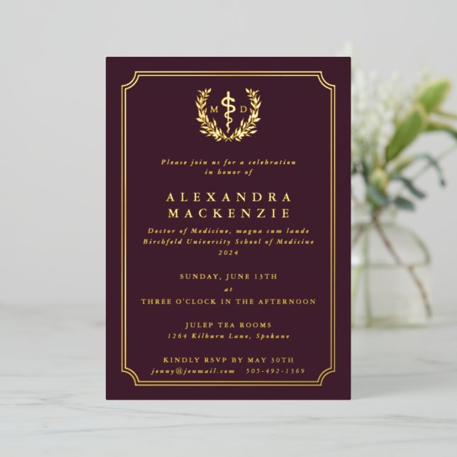 Invitation En Aluminium Bourgogne MD Asclepius + Laurel Wreath Graduation (Debout devant)