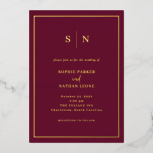 Invitation En Aluminium Bourgogne Minimaliste et Chic Bordure Mariage Or