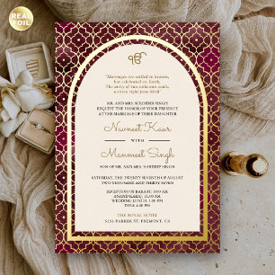 Invitation En Aluminium Bourgogne Motif marocain Sikh Arch Mariage Gold