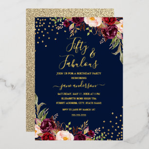 Invitation En Aluminium Bourgogne Navy Fleurs Confettis 50 & Fabuleux