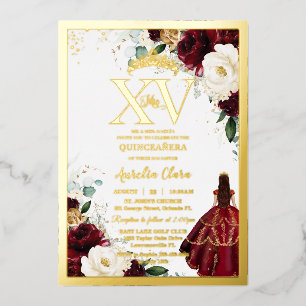 Invitation En Aluminium Bourgogne Or Blanc Floral Quinceañera Quince 15