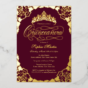 Invitation En Aluminium Bourgogne Or Elégant Script Quinceanera Anniversai