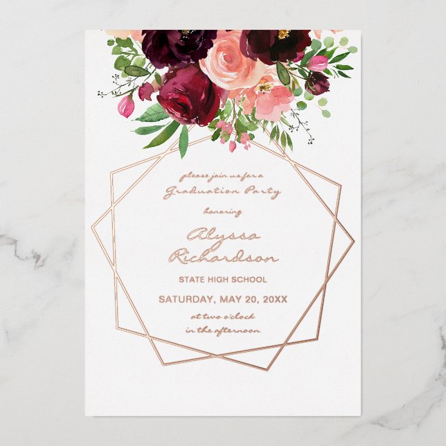 Invitation En Aluminium Bourgogne & Pink Floral & Frame Graduation Party F (Recto)