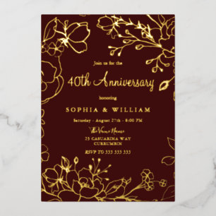 Invitation En Aluminium Bourgogne Red Gold Floral 40e anniversaire Mariage