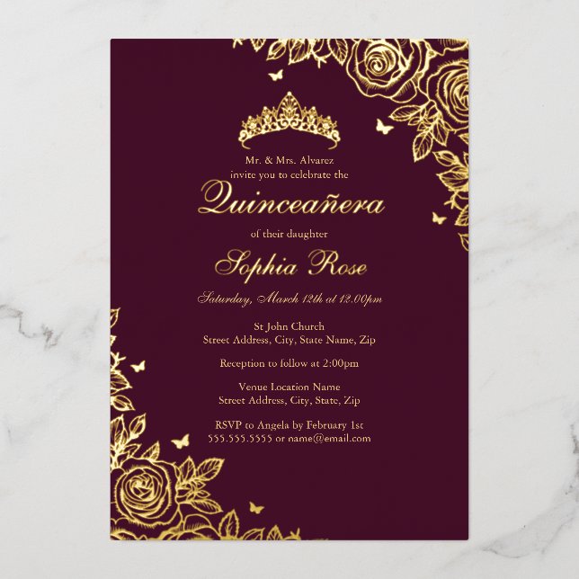 Invitation En Aluminium Bourgogne Rose Gold Floral Quinceanera Anniversair (Recto)
