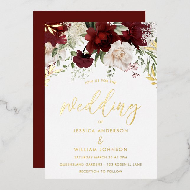 Invitation En Aluminium Bourgogne Rouge & Blanc Floral Mariage Or (Recto/Verso)