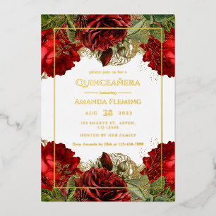 Invitation En Aluminium Bourgogne Rouge et or Vintage Roses Quinceañera Fo