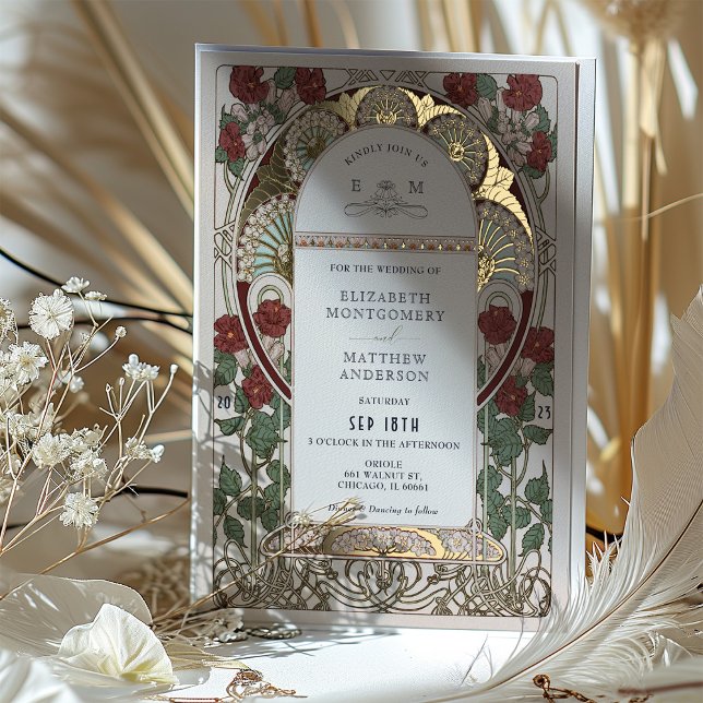 Invitation En Aluminium Bourgogne Rouge or Mariage Art Nouveau Vintage (Créateur téléchargé)