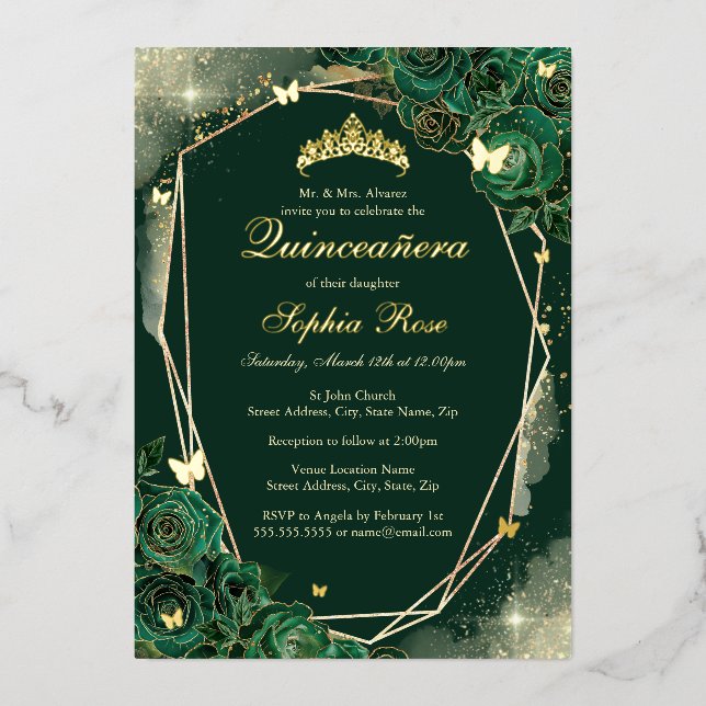 Invitation En Aluminium Bouteille d'or Emerald Quinceanera Floral (Recto)