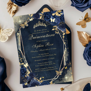 Invitation En Aluminium Bouteille d'or Floral Marine Quinceanera