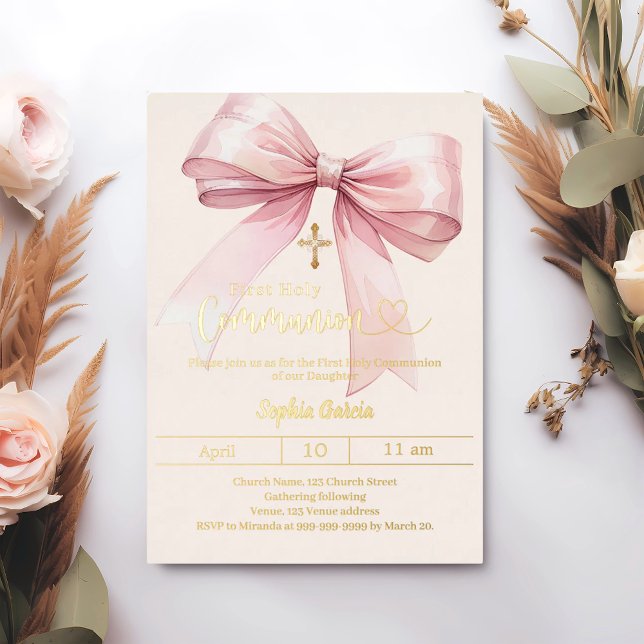 Invitation En Aluminium Bow pink girl cream luxury gold First Communion (Créateur téléchargé)