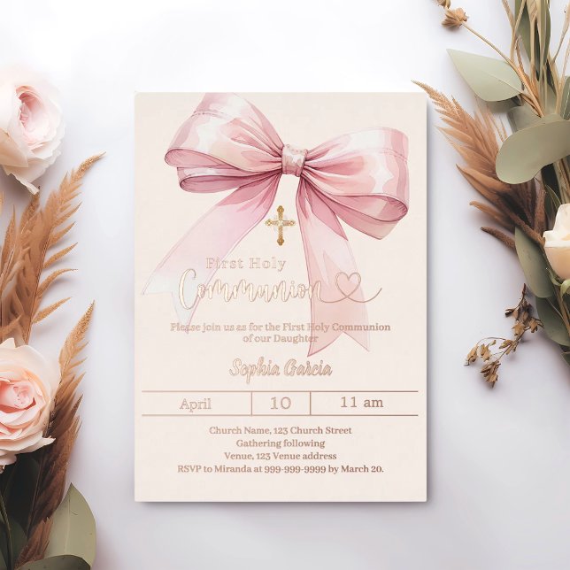 Invitation En Aluminium Bow pink girl luxury rose gold First Communion (Créateur téléchargé)