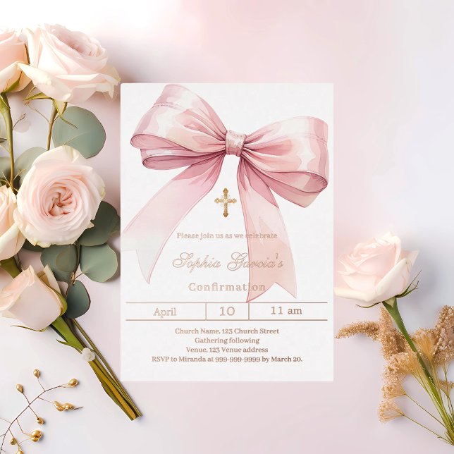 Invitation En Aluminium Bow rose fille rose or Confirmation (Créateur téléchargé)
