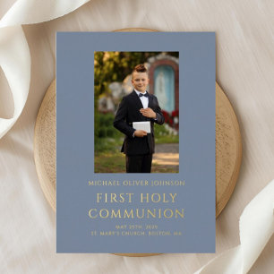 Invitation En Aluminium Boy Blue Photo First Holy Communion Gold