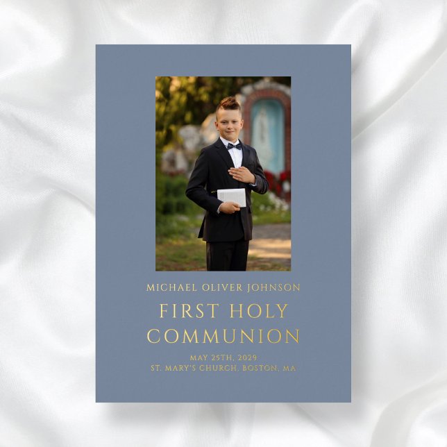 Invitation En Aluminium Boy Blue Photo First Holy Communion Gold (Boy Blue Photo First Holy Communion Gold Foil Invitation)