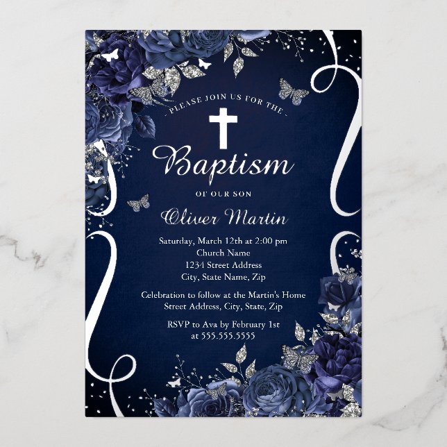 Invitation En Aluminium Boy Navy Argent Floral Papillon Baptême (Recto)