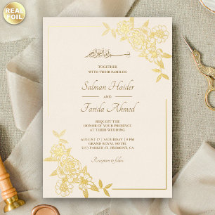 Invitation En Aluminium Branche de feuilles florales crème et or pour mari