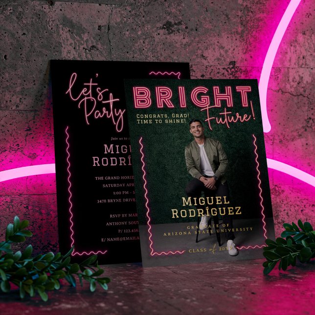 Invitation En Aluminium Bright Future Pink Neon Grad Photo Graduation (Bright Future Pink Neon Grad Photo Graduation Foil Invitation)