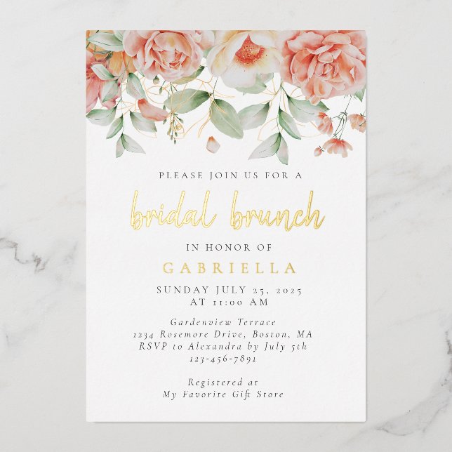 Invitation En Aluminium Broche Rustique Floral Bridal Brunch Gold (Recto)