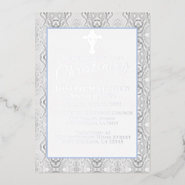 Invitation En Aluminium Broderie Fausse Bleue Baptême  (Recto)