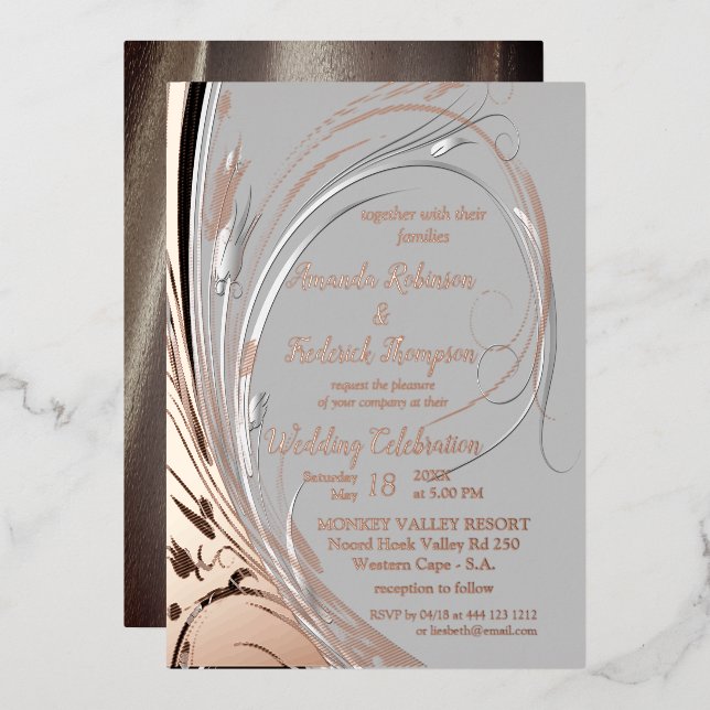 Invitation En Aluminium Bronze Argent & noir abstrait  (Recto/Verso)