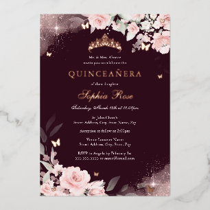 Invitation En Aluminium Brousse rose Bourgogne Rose papillon Quinceanera