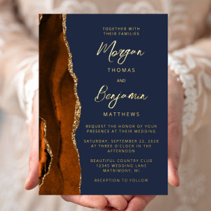 Invitation En Aluminium Brûlé Orange Agate Marine Bleu Mariage de script m